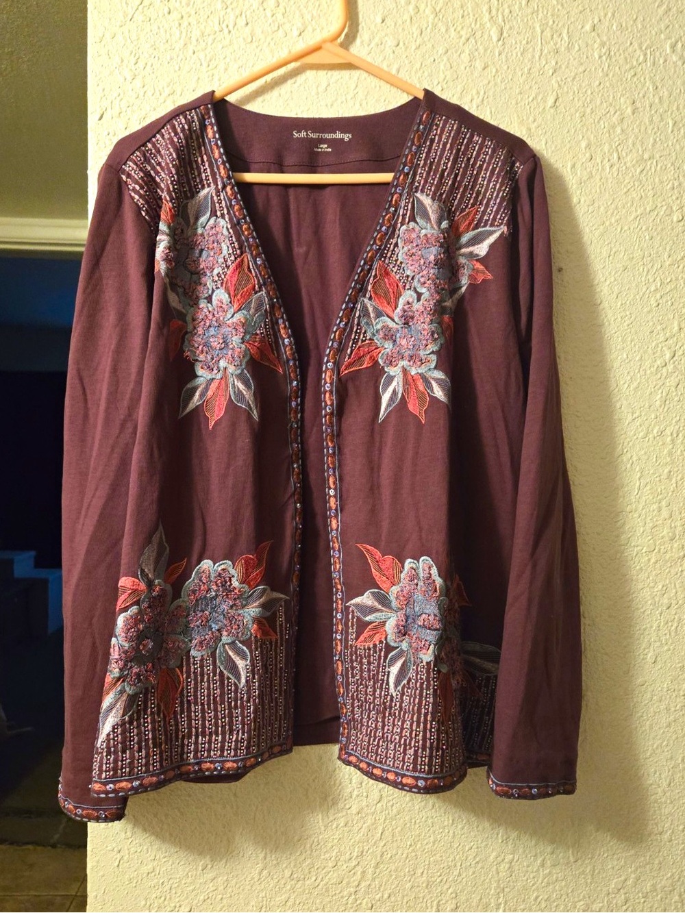 Soft Surroundings purple/brown knit cotton cardigan floral embroidered V-neck